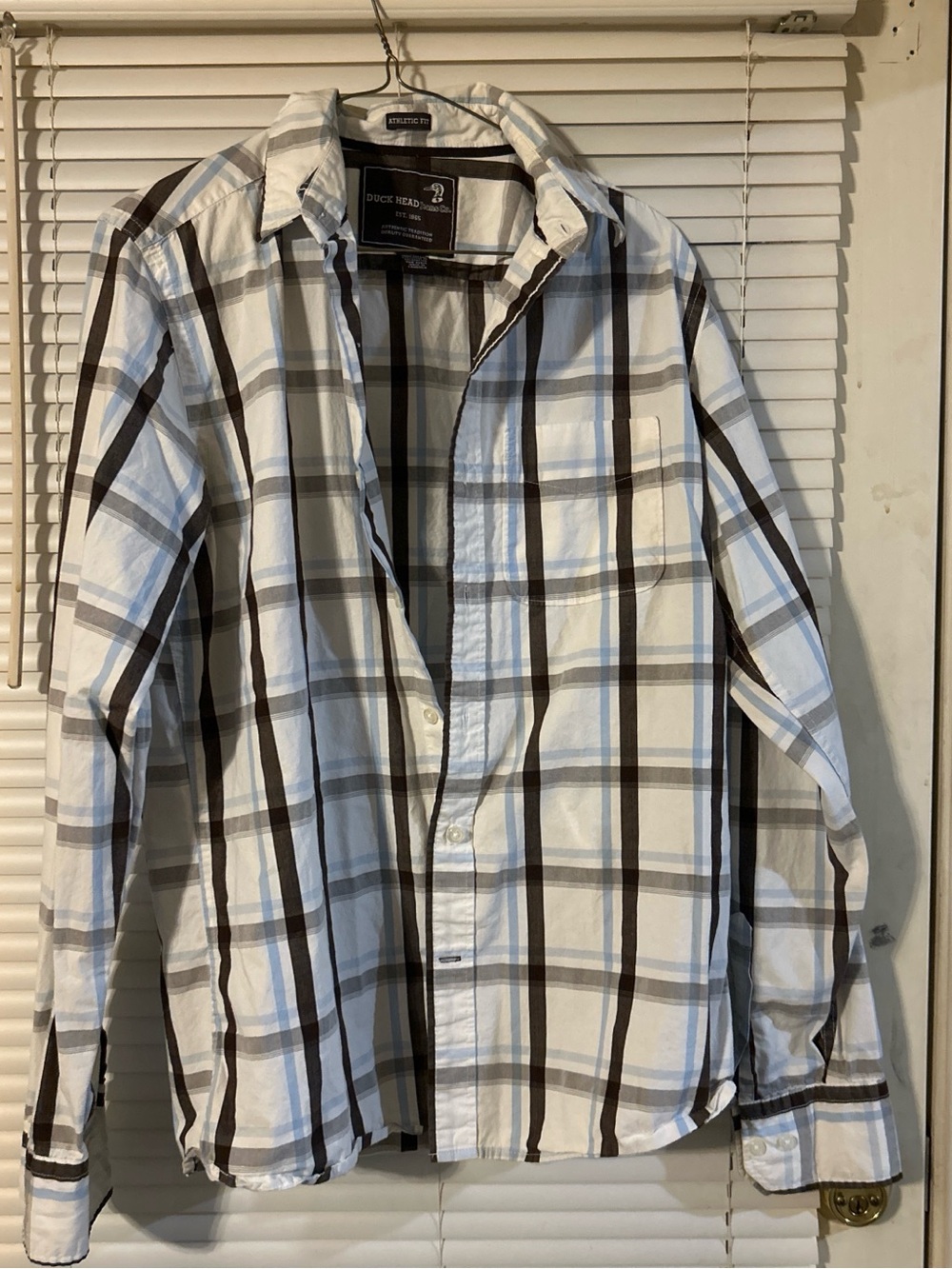 Duck Head Men’s Casual Button-Down Shirt White with Brown and Light Blue Plaid